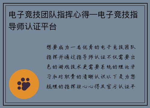 电子竞技团队指挥心得—电子竞技指导师认证平台